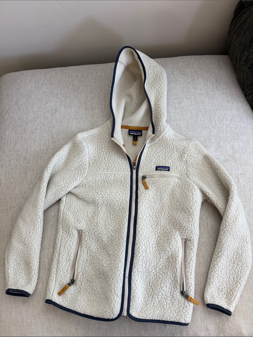 Patagonia Cream Sherpa Hooded Jacket with Navy Trim